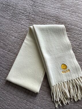 Moschino Cream Scarf with Yellow Smiley Embroidery